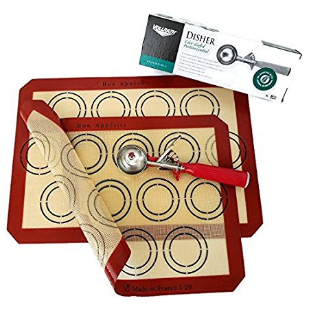 Silicone Baking Mats Non-Stick 2 - Pack and Cookie Scooper (1 1/3 oz) for Baking Uniform Sized, Shaped Cookies PREMIUM BRAND by Bon Appétits