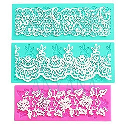 Anyana set of 3 sugar edible cake silicone fondant impression lace mat cake decorating mold gum paste cupcake topper tool icing candy imprint baking moulds sugarcraft trimming grape vine Scalloped