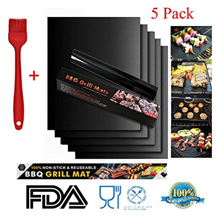 BBQ Grill Mat Charcoal Charbroil BBQ Grill Mats Set of 5 Black, 100% Non-stick Reusable and Easy to Clean - FDA Approved, PFOA Free, Works on Gas, Charcoal, Electric Grill (Black (5 Pack))