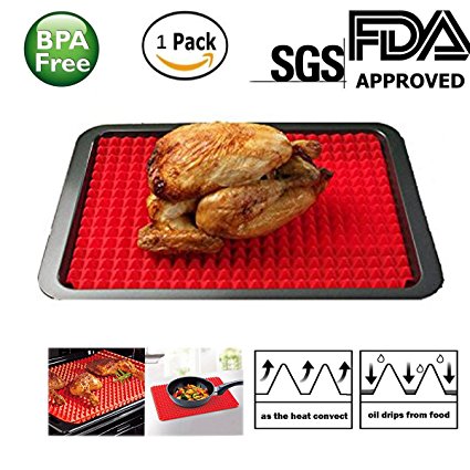 Non Stick Heat Resistant Raised Pyramid Shaped Silicone Baking Mat (11.5x16 Inches) - Perfectly Drains Excess Fats - Good for BBQ, Grilling, Baking - Food Grade Silicone -Roasting Mats Red