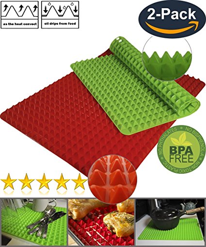 Pyramid Pan Silicone Baking Mat | 2 pcs Green and Red | Food Grade Reusable | Non-stick Heat Resistant | Healthy Cooking Fat Reducing | Oven Microwave Dishwasher Safe | Professional Premium Quality