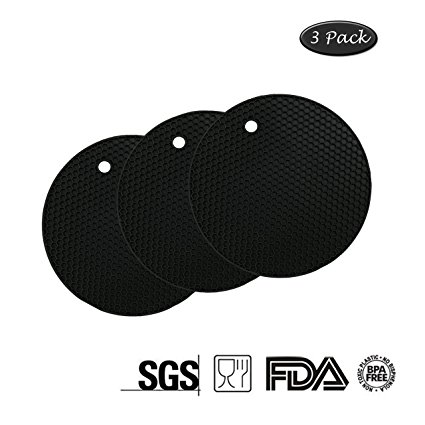 3 Silicone Pot Holders and Pads, Hot-resistant Mats, Trivets, Jar Openers, Spoon Rests, Coasters, Pack of 3 (Round, Black)