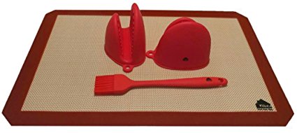 Silicone Baking Mat Set with 2 Oven Pinch Mitts and a Basting Brush | Non-Stick | BPA-Free | 4 Piece Set