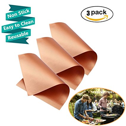 Copper BBQ Grill Mat, Non Stick Oven Liner Teflon Cooking Mats - Easy to Clean, Reusable, Durable, Heat Resistantand, Barbecue Sheets For Grilling Meat (Gold- set of 3)