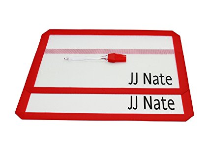 JJ Nate Silicone Baking Mat Set – 2 pack – Non Stick Heat Resistant Cut Corners 16.5 *11” Standard Size Thinner Borders. Free Brush Included.