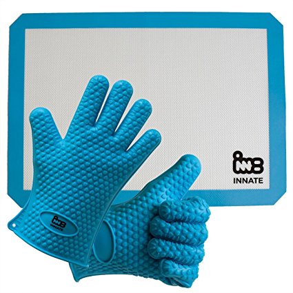 INNATE Silicone cooking gloves & baking mat: non stick/ non slip/ heat resistant. Barbeque (BBQ)/ grill glove hand protection + food safe cooking sheet tray liner 16.5 x 11.5/8. Easy wash.