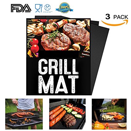 BBQ Grill Mat Set of 3 Non Stick PULNDA Baking Mats Grilling Baking Accessories Roasting Mat FDA Approved PFOA Free Reusable Durable and Easy to Clean Barbecue Mat for Grilling (15.75 x 13 Inch)