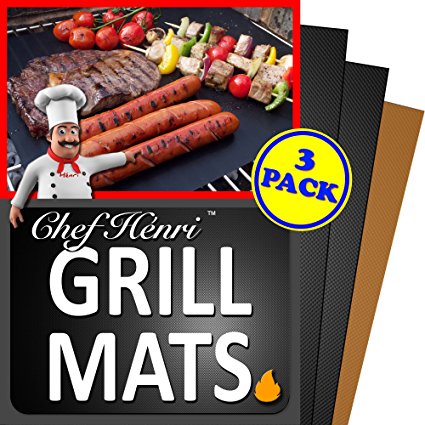 Chef Henri Grill Mat Lifetime Guarantee Set Of 3 Heavy Duty, Non-Stick Grilling Mats and Baking Mat - 16 x 13 Inch Use on Gas, Charcoal, Electric BBQ Grills Made With USA Raw Materials