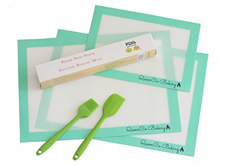 Silicone Baking Mats Non-Stick Set of 3 Heat Resistance Mats 2 Large (16.5x11.6) & 1 Small (11.8x8.3) With Spatula & Brush, Professional Quality Liner For Baking Sheets & Rolling, Teal