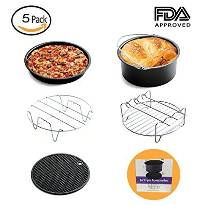 Universal Air Fryer Accessories Fit all 3.7QT,5.3QT,5.8QT for Gowise Phillips and Cozyna Include Cake Barrel,Pizza Pan,Metal Holder,Multi-Purpose Rack with Skewers,Silicone Mat(5 Pack,7 In)