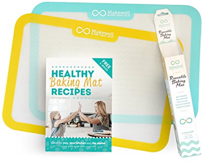 Makewell Premium Non-Stick Silicone Baking Mats (Set of 2) | 16 ½” x 11 5/8” Reusable Silicon Half Sheets | BPA-Free & Dishwasher-Safe Nonstick Bake Mat Pack (Blue and Yellow)