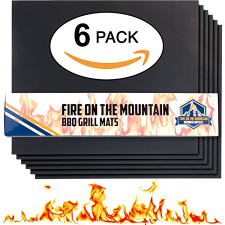 Fire On The Mountain BBQ Grill Mat - Set Of 6 Nonstick BBQ Grill Mats - 16 x 13 Inch - Lifetime Guarantee – Authentic BBQ Taste w/ No Mess (Non Stick) - Easy to Clean, Reusable, Withstands Grill Heat