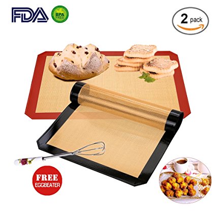 Silicone Baking Mats 2-Pack Include Free Eggbeater for Baking Sheets ,Half Sheet Size Silicone Baking Mats 16.5