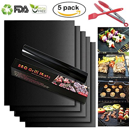 Grill Mat, 100% Non-stick BBQ Grill & Baking Mats, Outdoor Barbecue Mat for Grilling, Cooking, Baking, Barbecue and Oven (Set of 5) with Clip & Brush