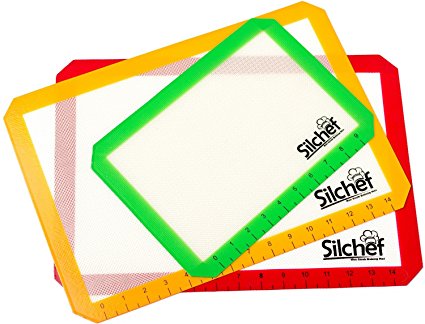 Silicone 3 Piece Non Stick Baking Mats with Measurements 2 Half Sheet Liners and 1 Quarter Sheet Mat, Professional Quality, Non Toxic and FDA Approved, Red, Yellow and Green